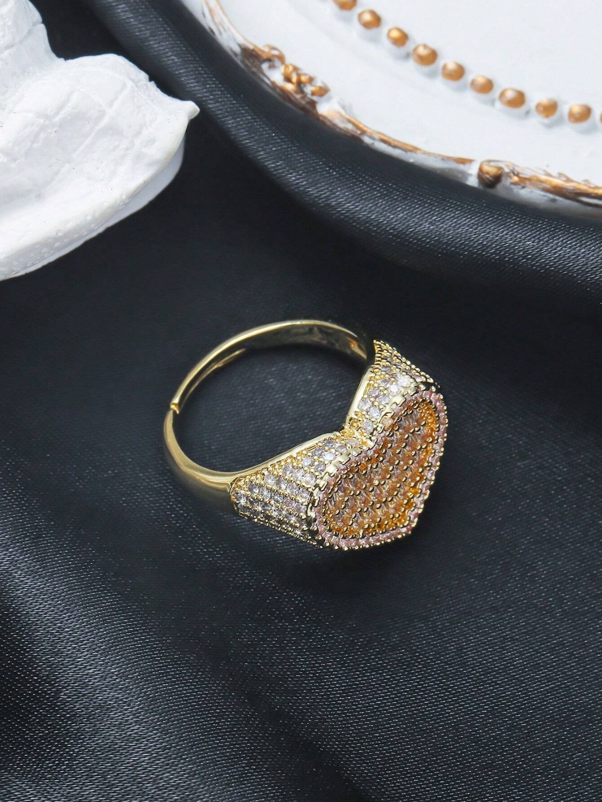 Womens Iced Out Heart Shaped Ring Adjustable Bling CZ Statement Jewelry Gift