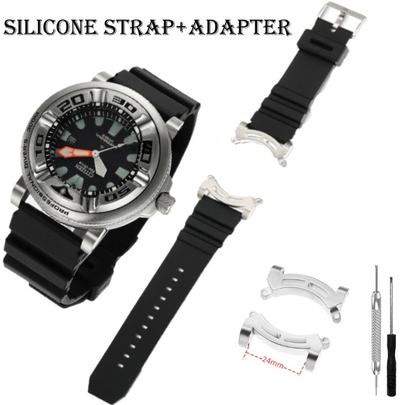 Silicone Watch Band Strap For Citizen Eco Drive Bj8050 w/Silver Metal Adapter