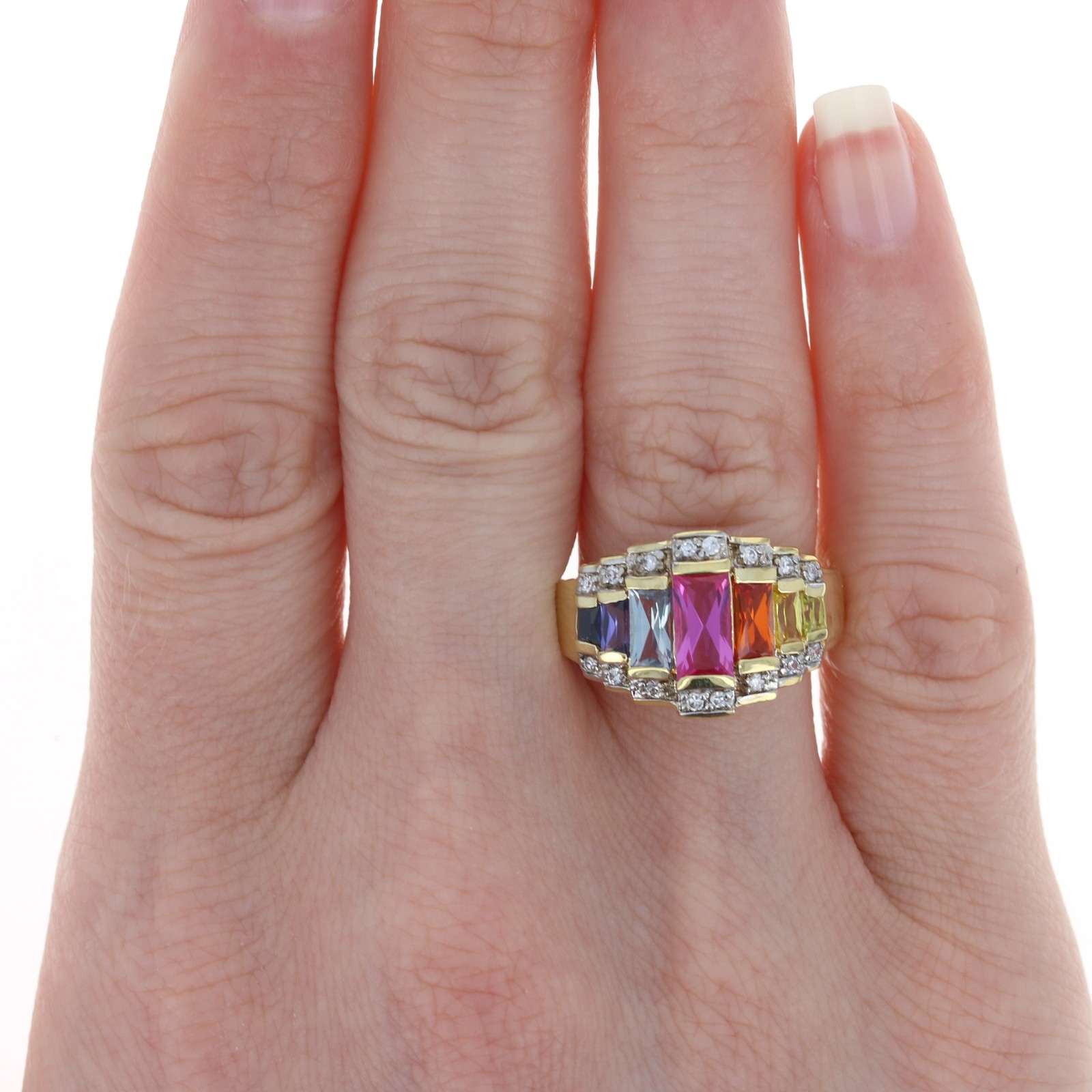 Sterling Multi-Color Synthetic Sapphire & CZ Ring – 925 Gold Pltd 3.11ctw Size 5