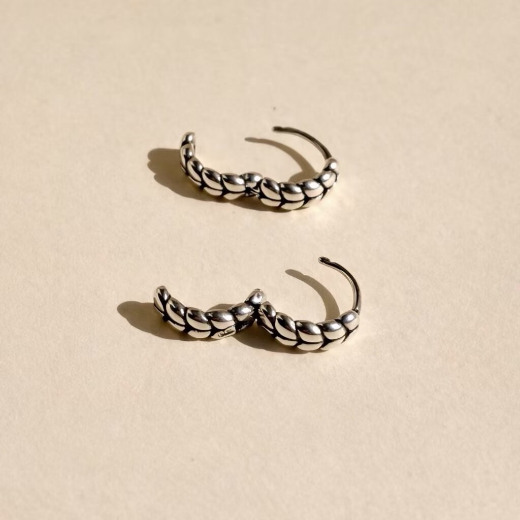 925 Sterling Silver Chunky Hoop Earrings,Textured Huggie Earrings for women 146