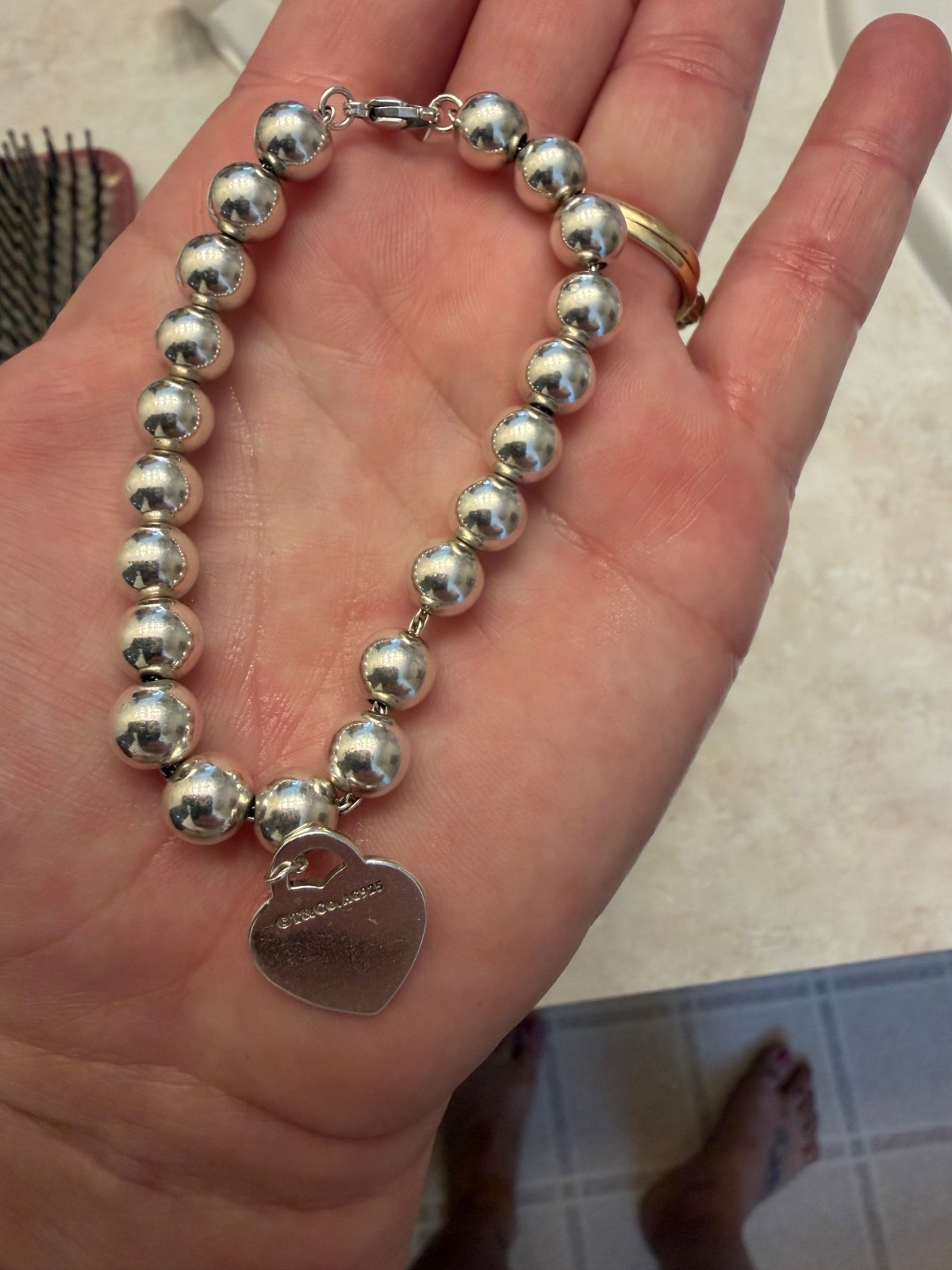 Return To Tiffany 8 mm Bead Balls Bracelet With Medium Size Heart Tag 7.5