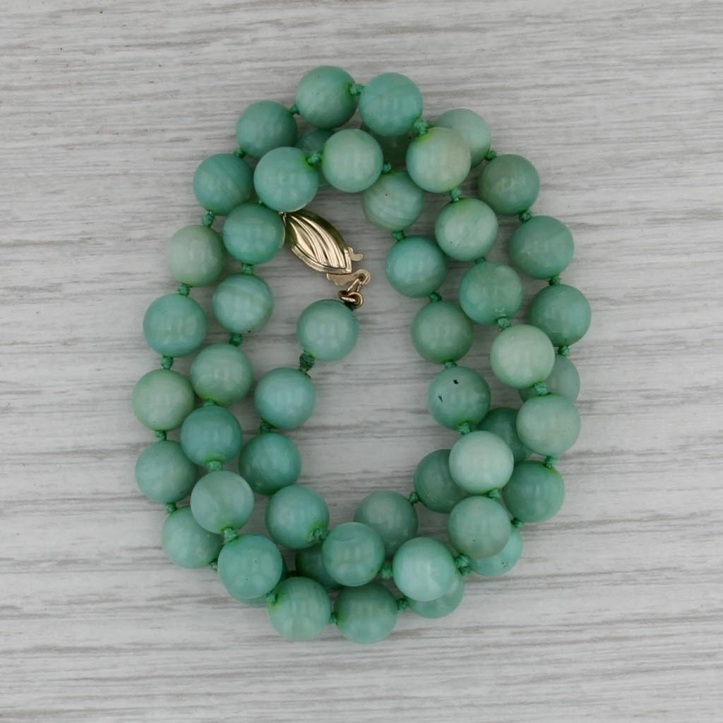 Green Shell Bead Strand Necklace 14k Gold Clasp 17.75″ 7.1mm-7.4mm