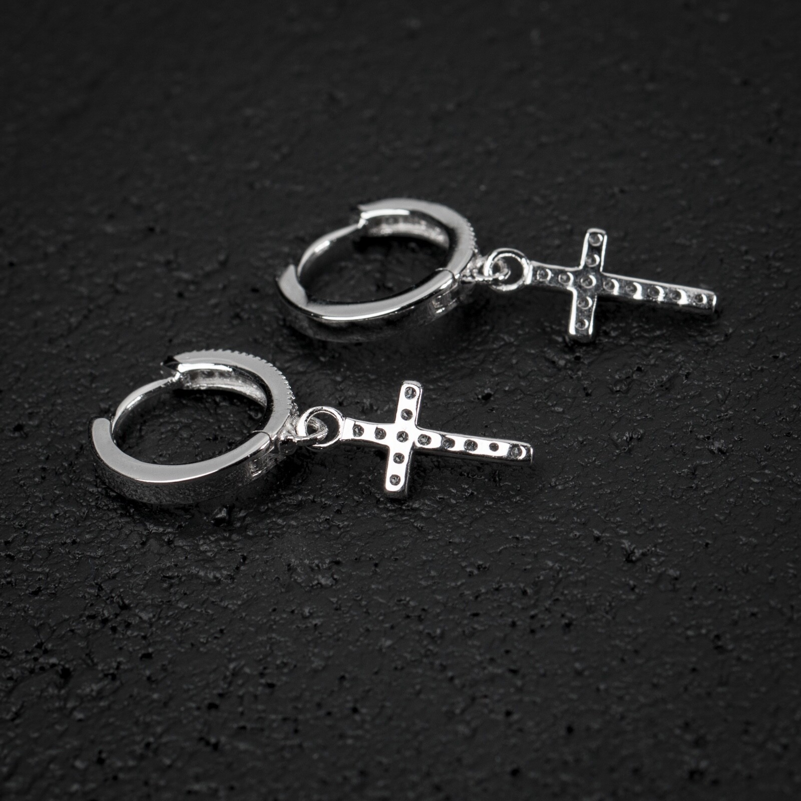 Mens Iced Sterling Silver Cz Dangle Drop Mini Huggie Clip Cross Hoop Earrings