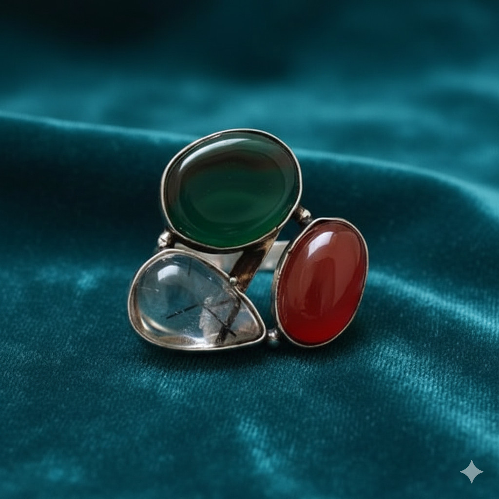 Agate, Tourmalina Quartz, Carnelia Gemstone Band Ring Size 925 Sterling Silver