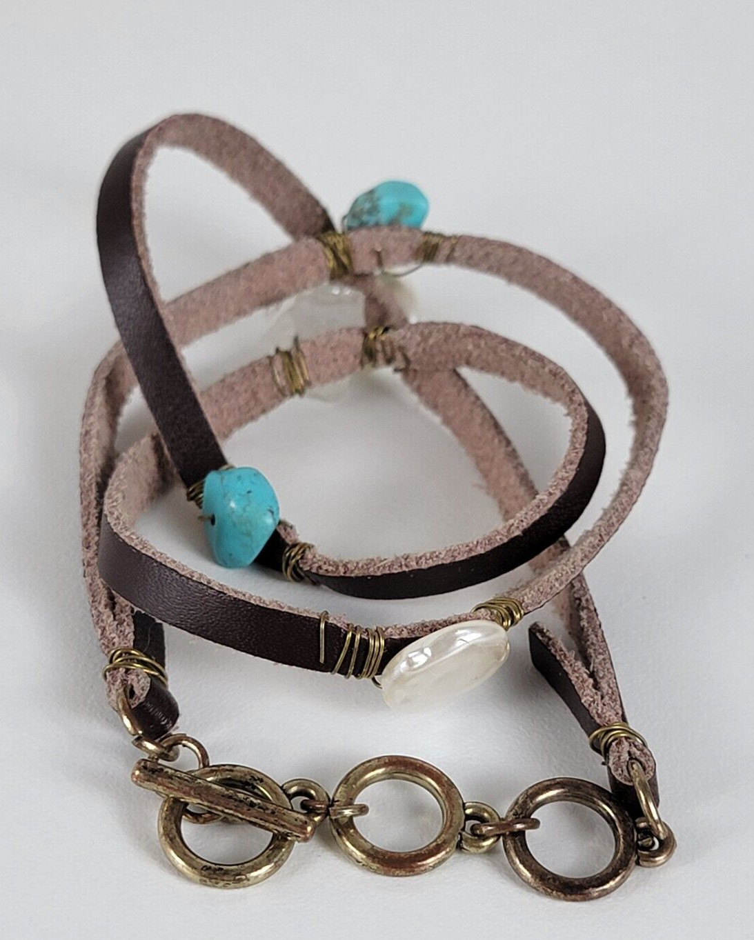 Artisan Handmade Turquoise And Pearl Leather Cord Wrap Bracelet 22.5 In Toggle