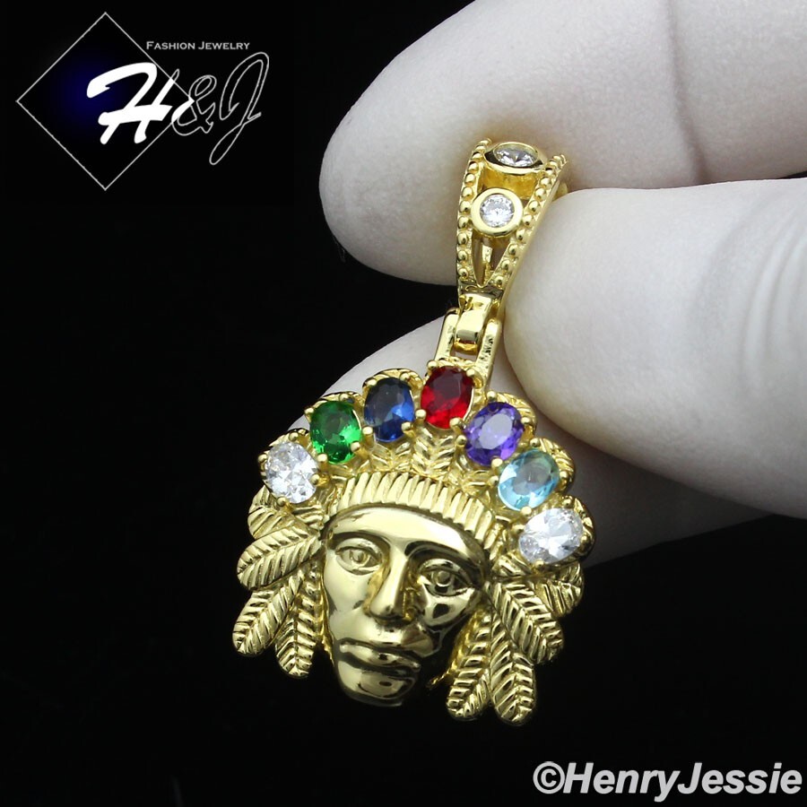 MEN WOMEN 925 STERLING SILVER ICY CZ GOLD PLTED 3D AMERICAN INDIAN PENDANT*GP435