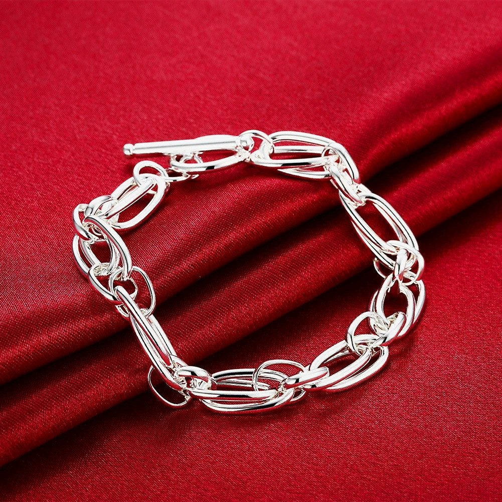 Silvery Two-Layered Oval Link Toggle Bracelet Minimalist Chunky Chain Bangle