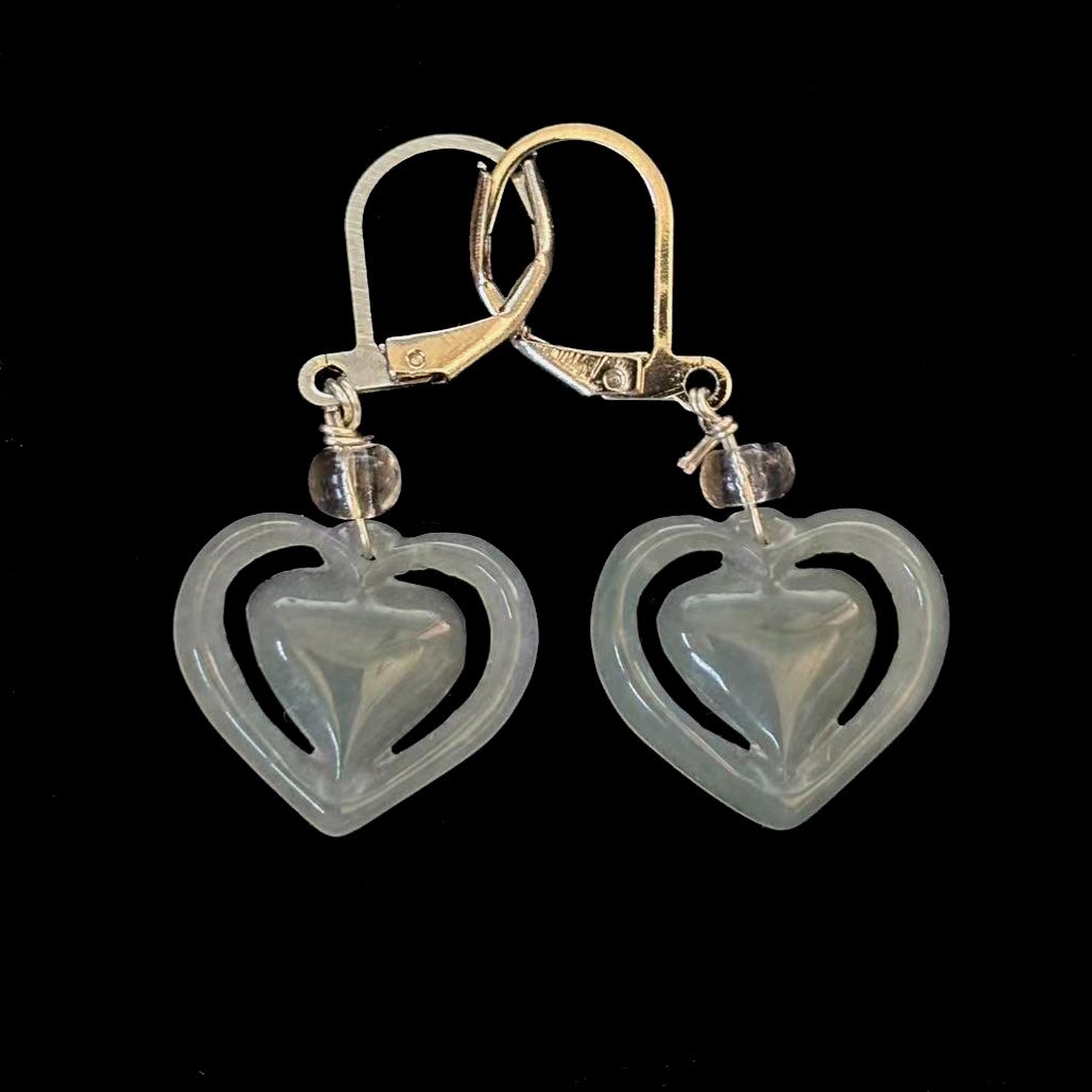 Hi-grade Natural Light Green Jade Heart Earrings Drop Silver-tone, 16×14 mm