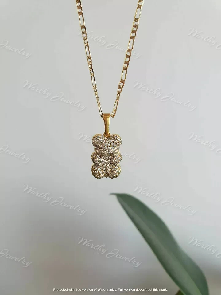 2Ct Round D/VVS1 Diamond Teddy Bear Pendant 14K Yellow Gold Over Free Chain