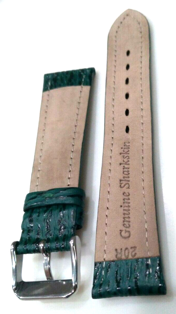 Green Genuine Shark Sharkskin 20mm Regular Padded Watch Band Silver Tone Buckle