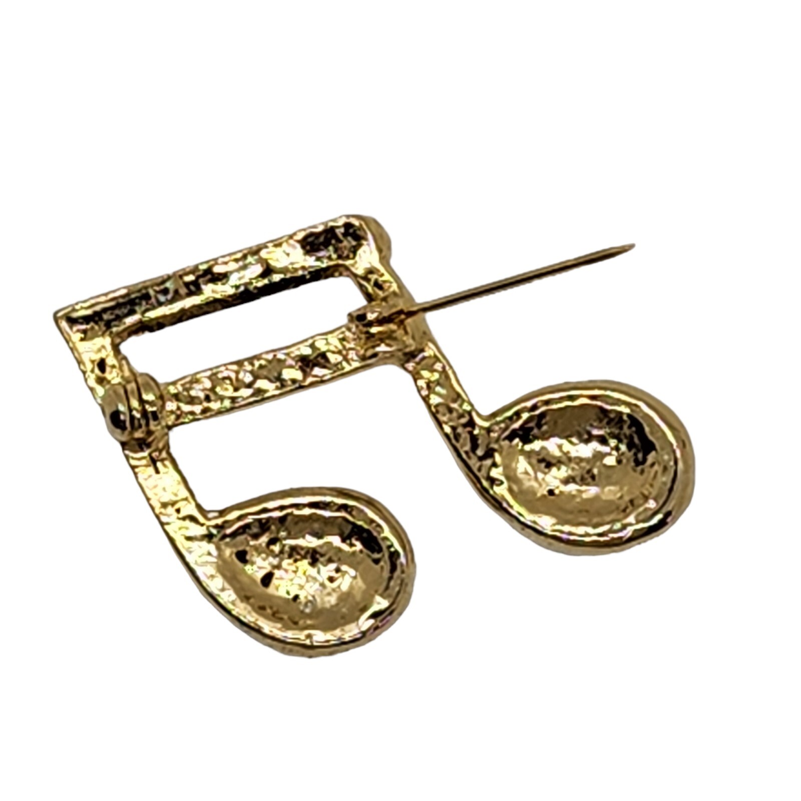 Music Note Brooch Pin w/Clear Sparkling Round & Baguette Rhinestones Gold Tone