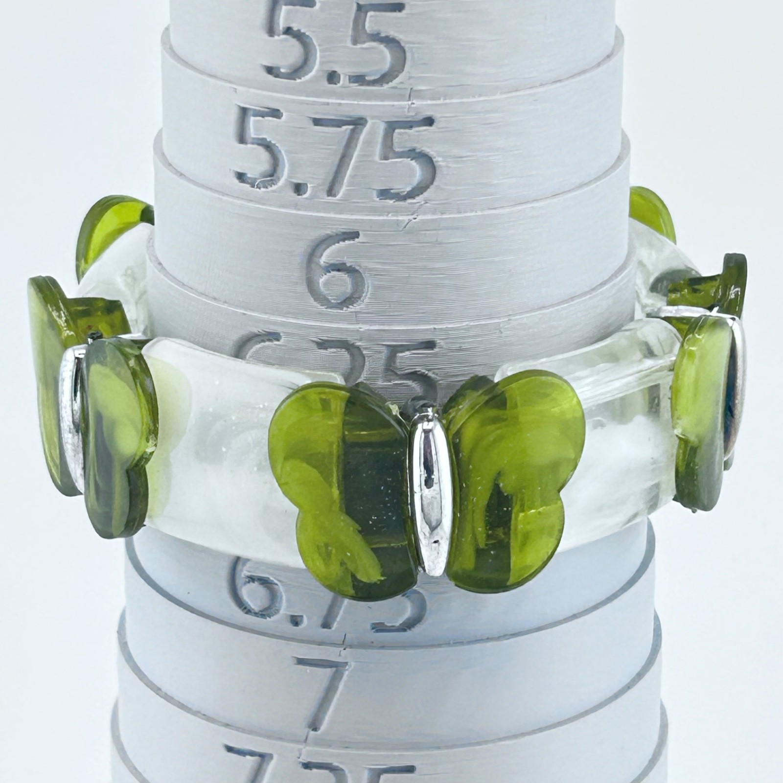 Olive Green Butterfly and Clear and white Resin Stretch Bracelet