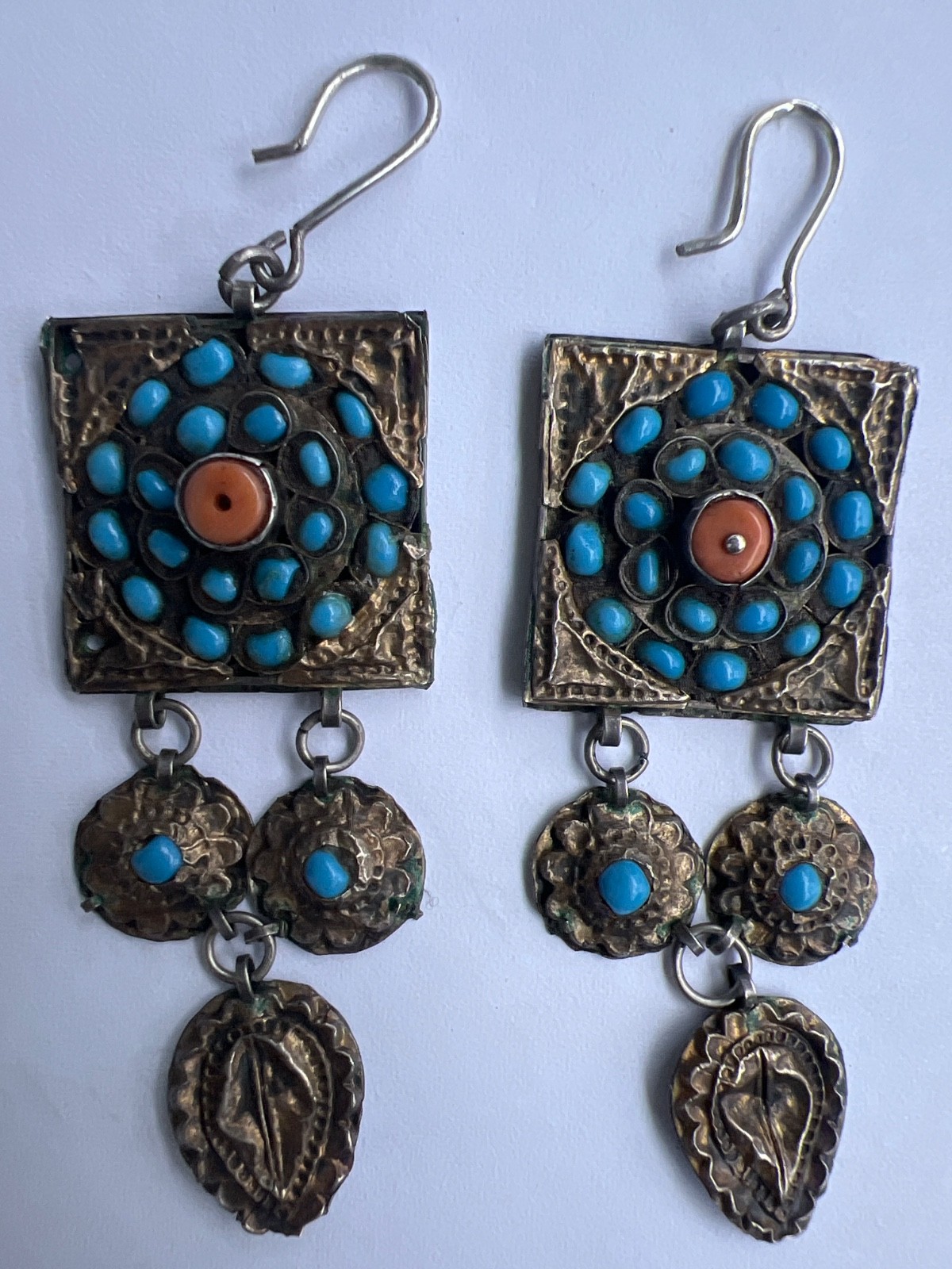 Antique Central Asian silver-gilt earrings with turquoise and coral