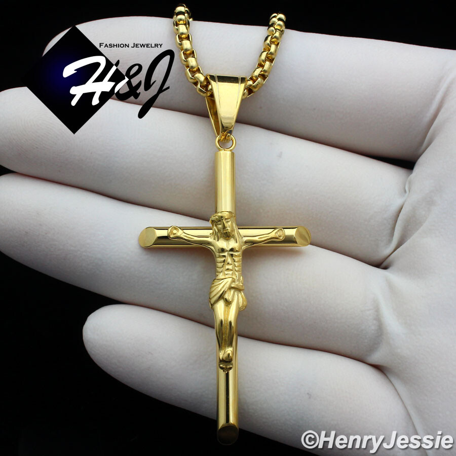 16-36″MEN Stainless Steel 2/3/4mm Gold Plated Box Chain JESUS Cross Pendant*G116