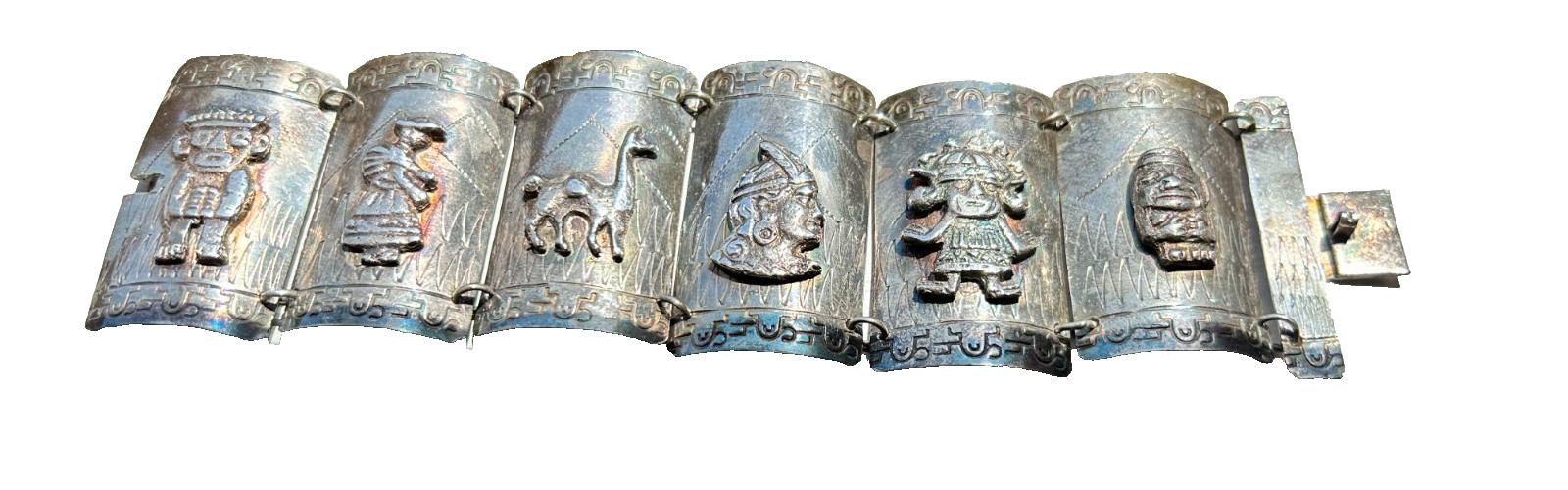 Vintage Peruvian Sterling Silver Panel Storyteller Bracelet 925 Signed AS 69g