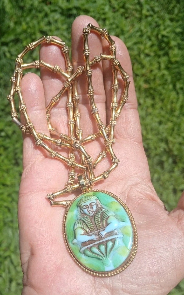 RARE ANTIQUE NEIGER EGYPTIAN PENDANT VTG MONET BAMBOO BEAD CHAIN NECKLACE OOAK