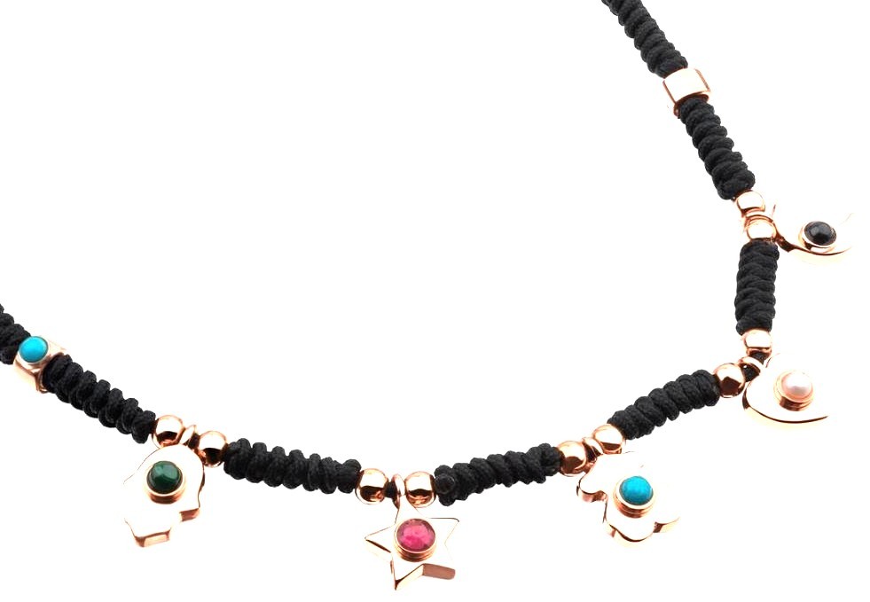 TOUS Super Power Charm Necklace Black Cord Rose Vermeil Silver Gemstone Spain