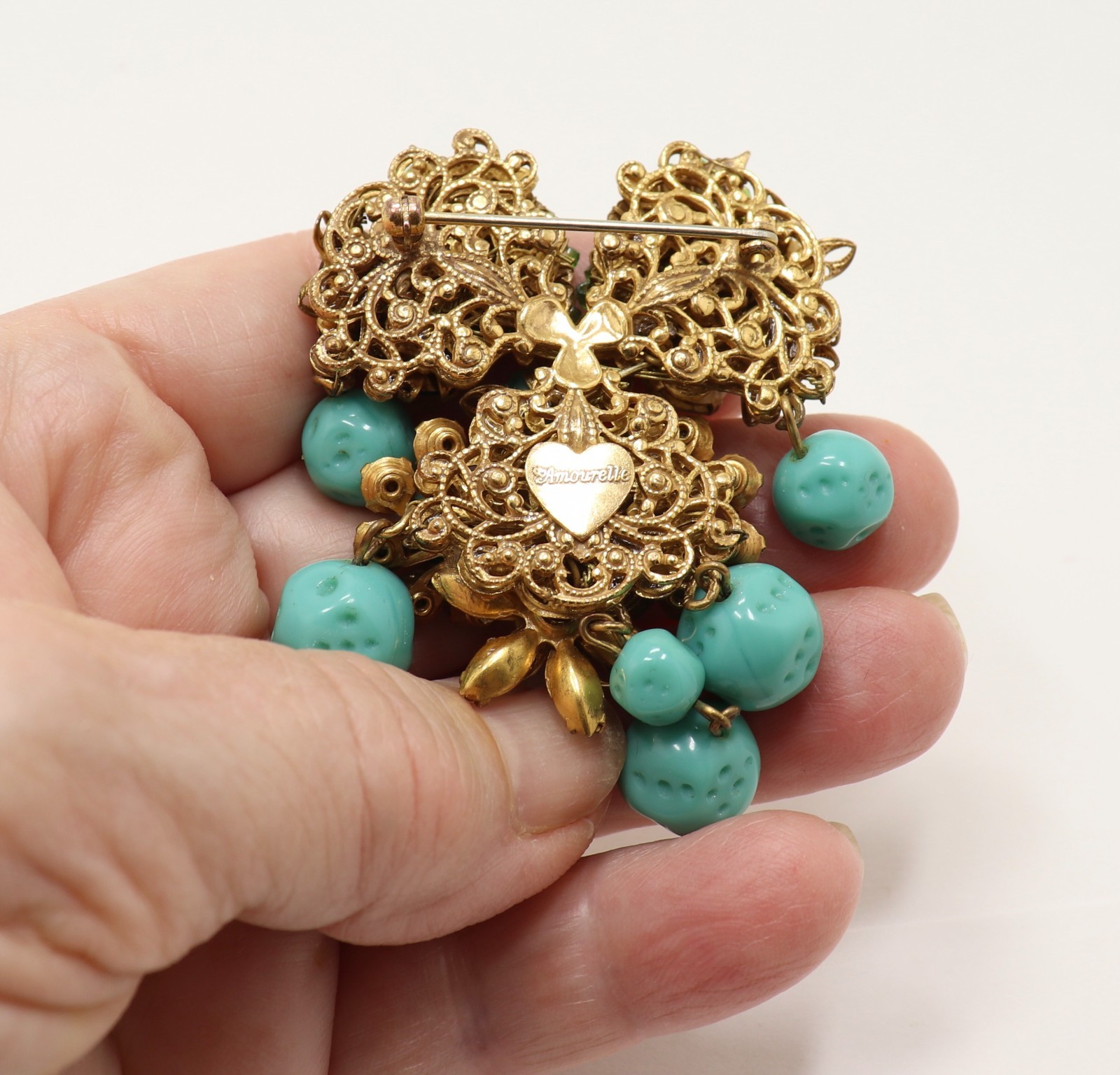 VINTAGE AMOURELLE FRANK HESS FLORAL BEADED DANGLING BROOCH