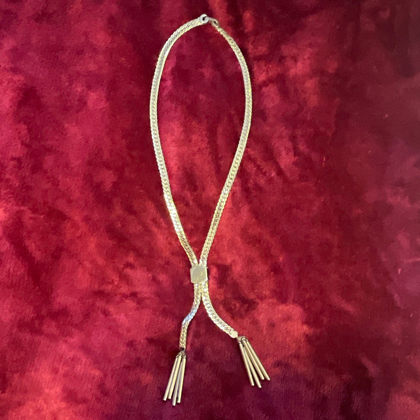 Monet Silver Tone Herringbone Lariat Tassel Necklace Adjustable Signed 22 in