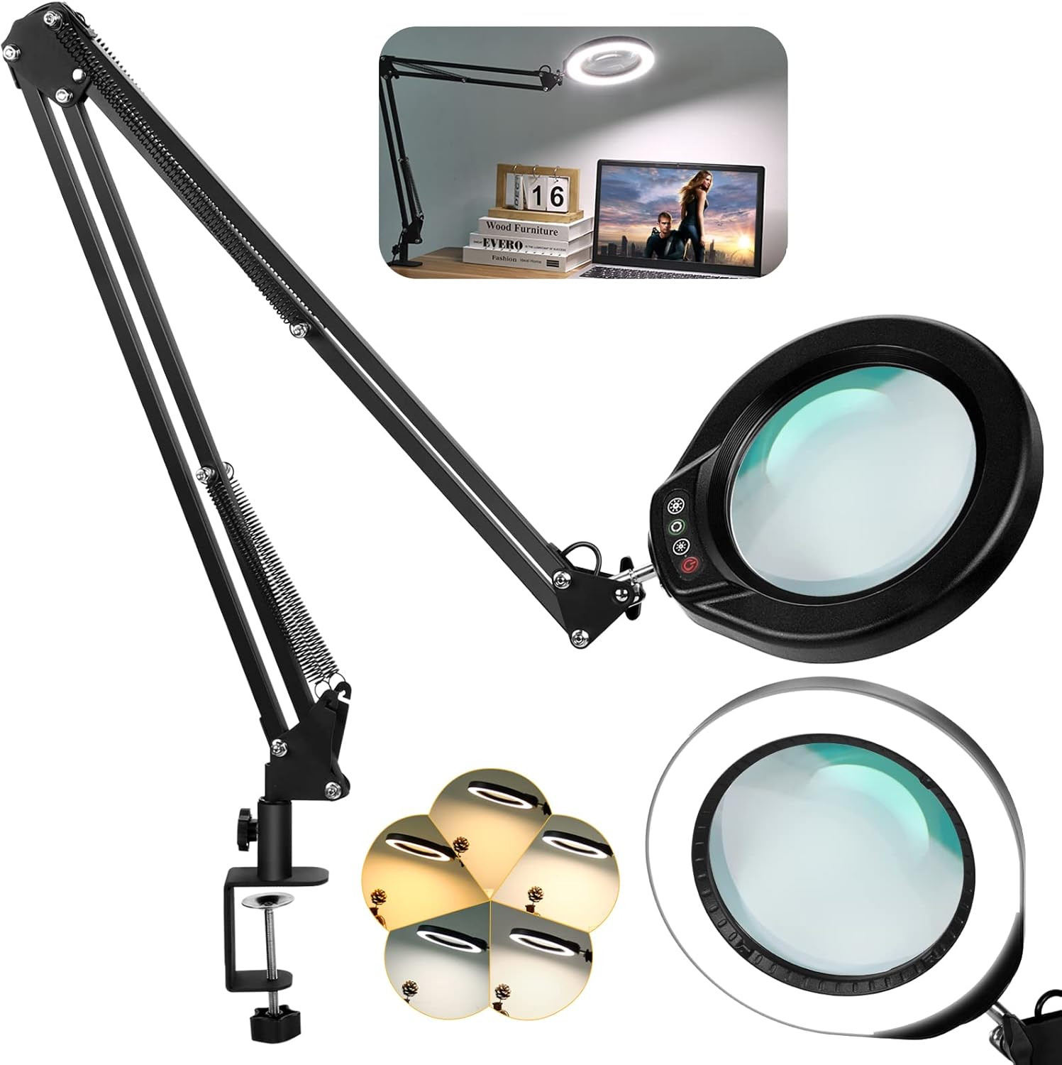VEEMAGNI 5 Inch Large Real Glass Magnifying Glass with Light and Stand, 5 Color