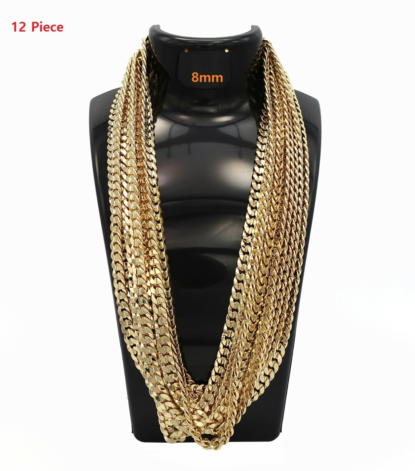 8mm 12 Piece Concave Cuban link Chain 8″ 20″ 24″ 30″ 14k Gold Plated Necklace