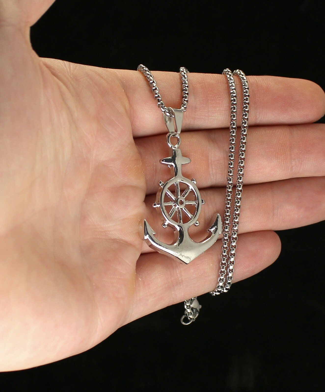 Anchor Wheel Captain Pendant Necklace Stainless Steel 24″ Chain