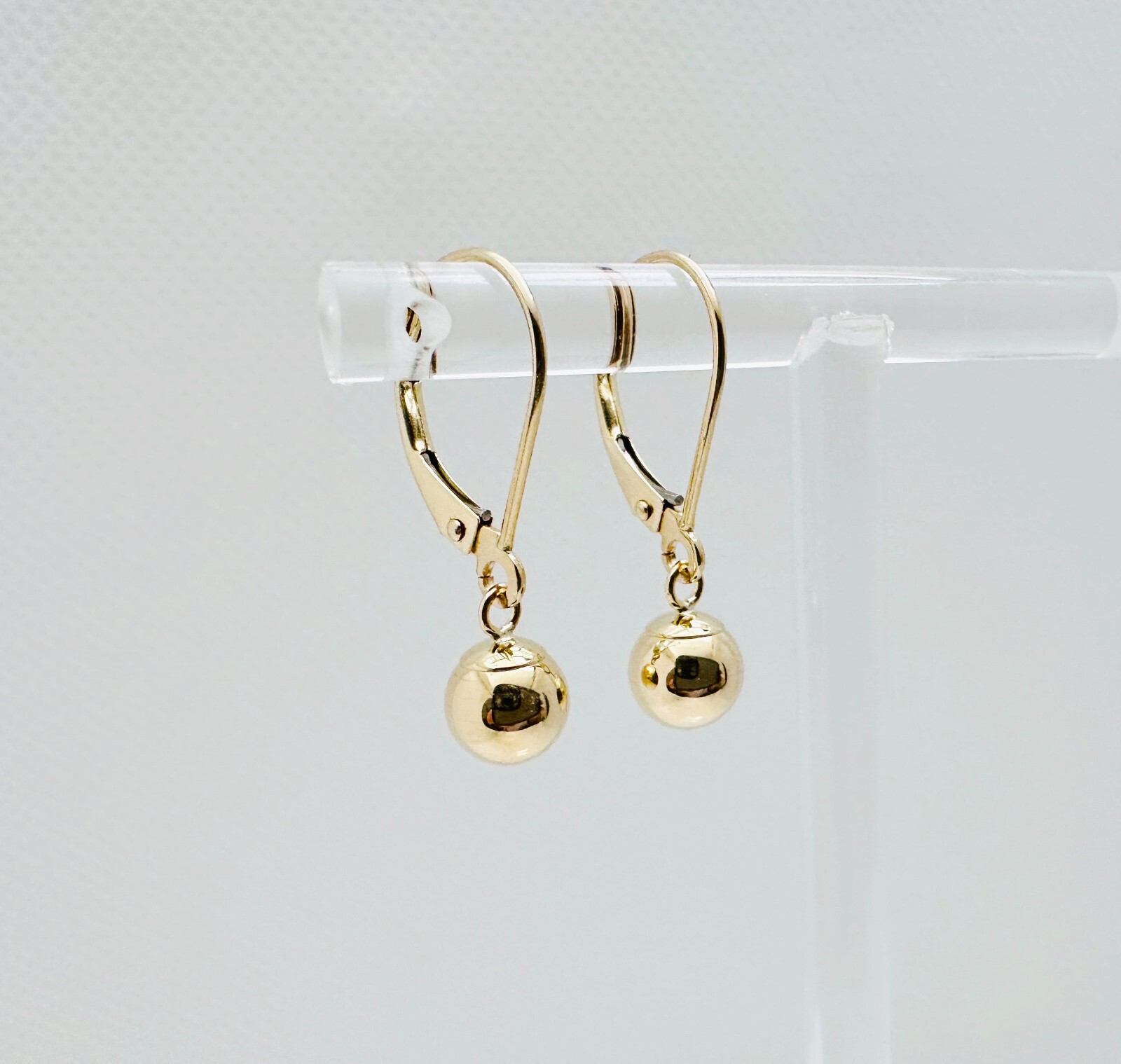 14K Solid Yellow Gold 6mm Ball Bead Drop/Dangle Leverback Earrings 23mm .90″
