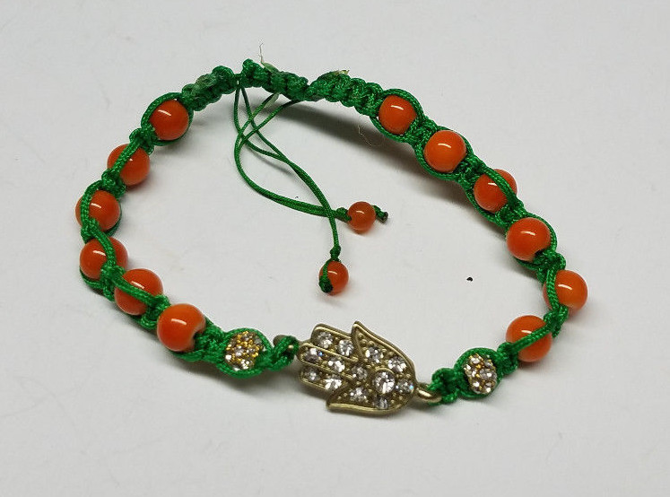 HAMSA HAND GOOD LUCK PROTECTION BRAIDED BEADED ROPE BRACELET RHINESTONE – ORANGE