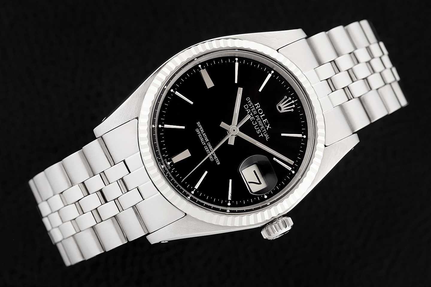 ROLEX DATEJUST 1601 18K GOLD STAINLESS STEEL BLACK DIAL FOLDED BAND WATCH