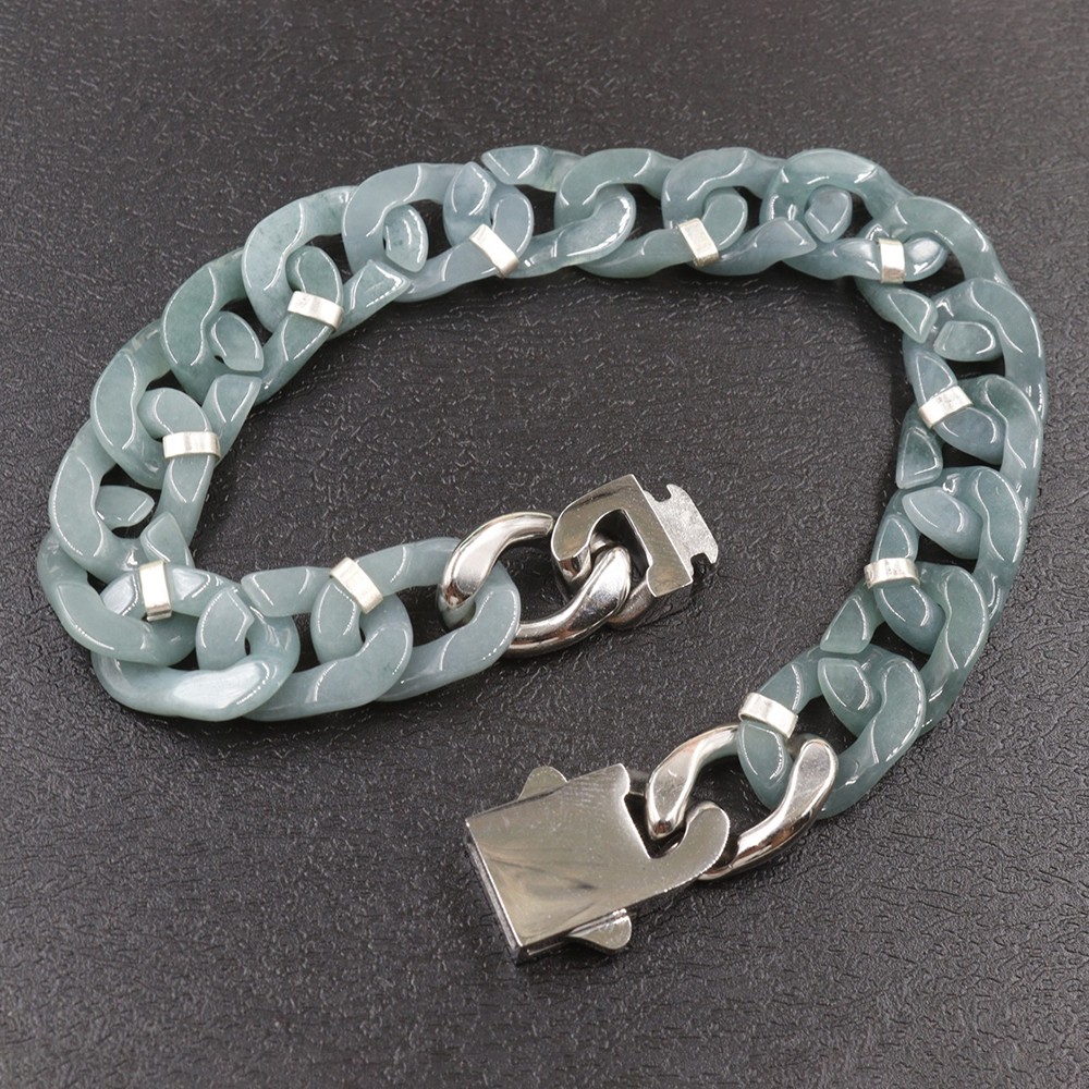 Real Grade A Natural Blue Jade Jadeite Cuban Curb Link Bracelet 5.9-8.3inch