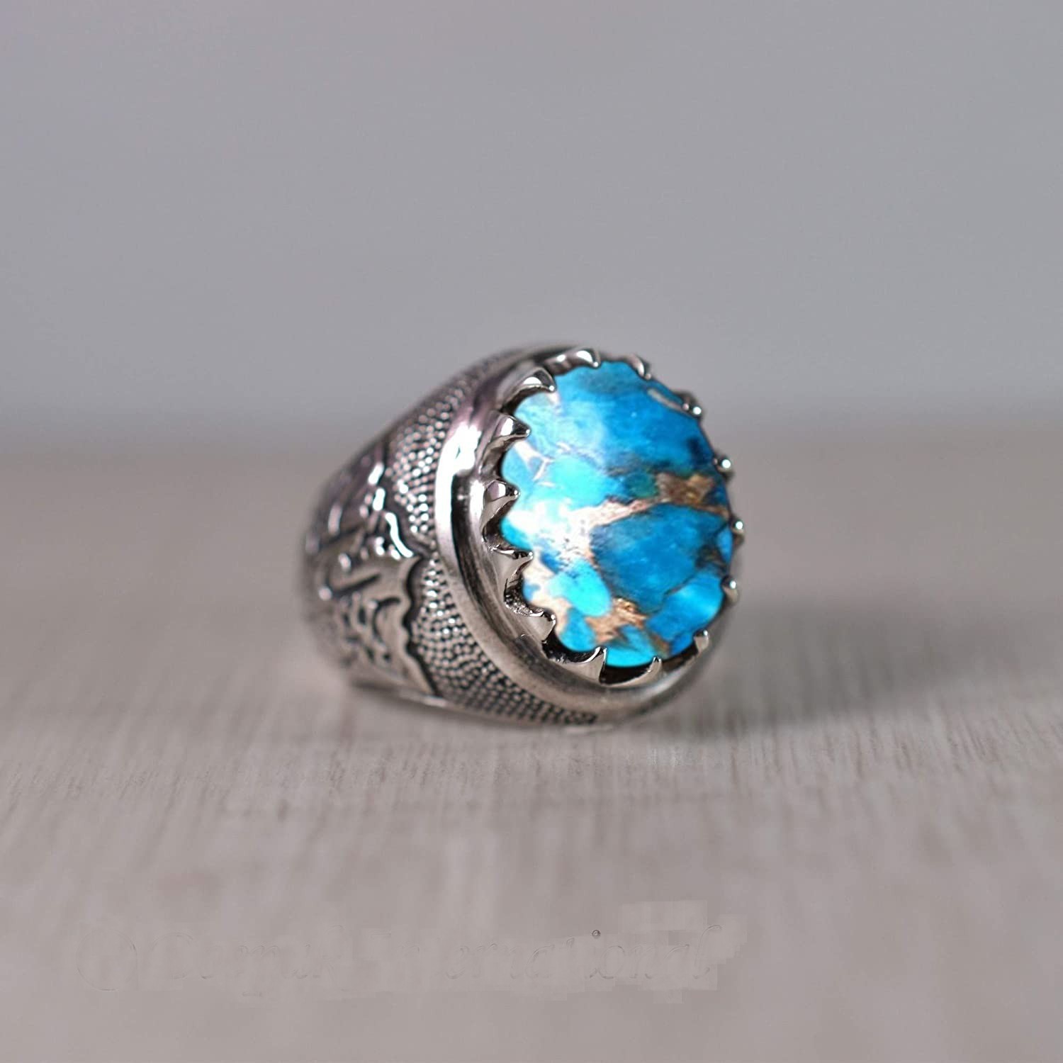 Solid 925 Sterling Silver AA Natural Copper Turquoise Gemstone Men’s Unisex Ring