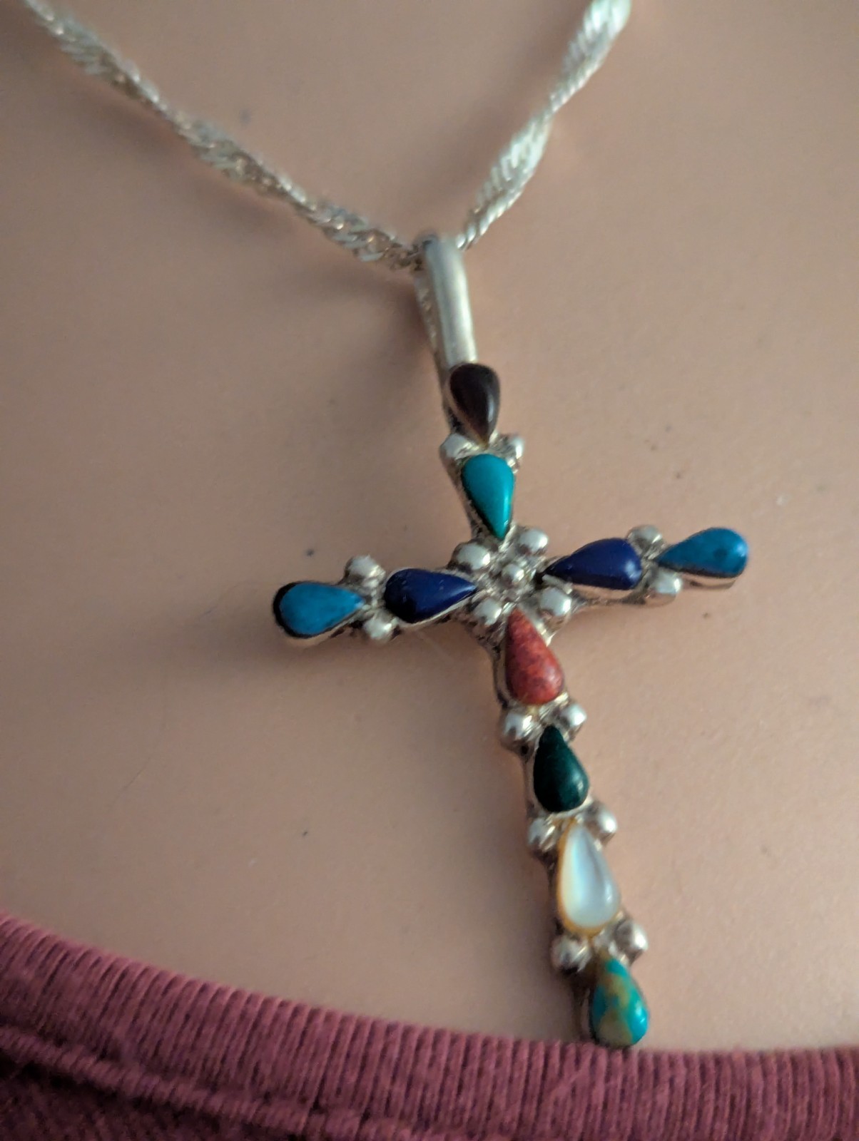 Multi-Stone Sterling Silver Cross Pendant Necklace