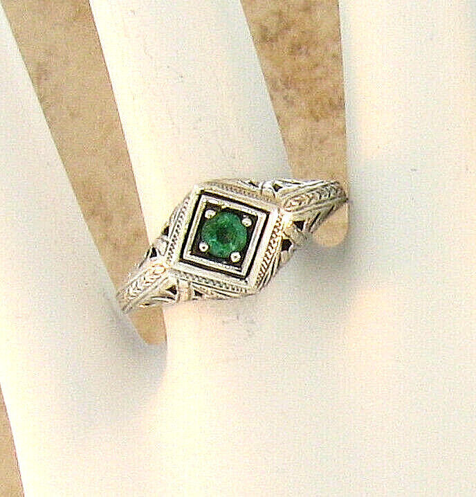 NATURAL EMERALD 925 STERLING SILVER DECO ANTIQUE STYLE SOLITAIRE RING 147X