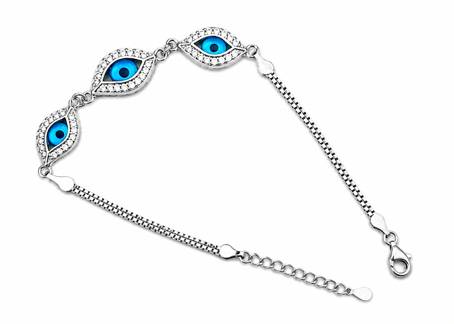 925 Sterling Silver Bracelet with a blue eye design, sparkling stones