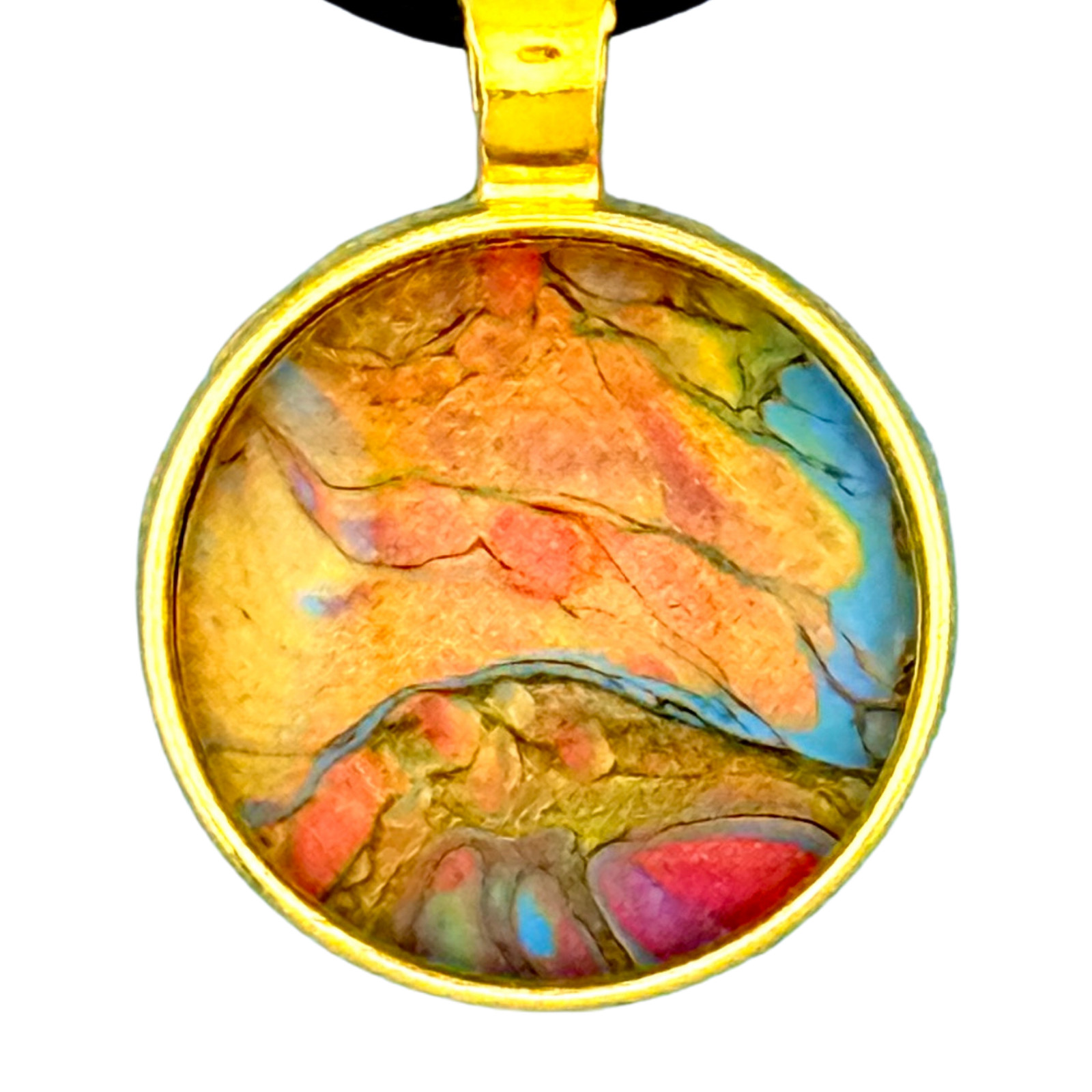 Pendant Necklace Handmade “Sunset Mountain” Gold Bezel 25mm Black Cord