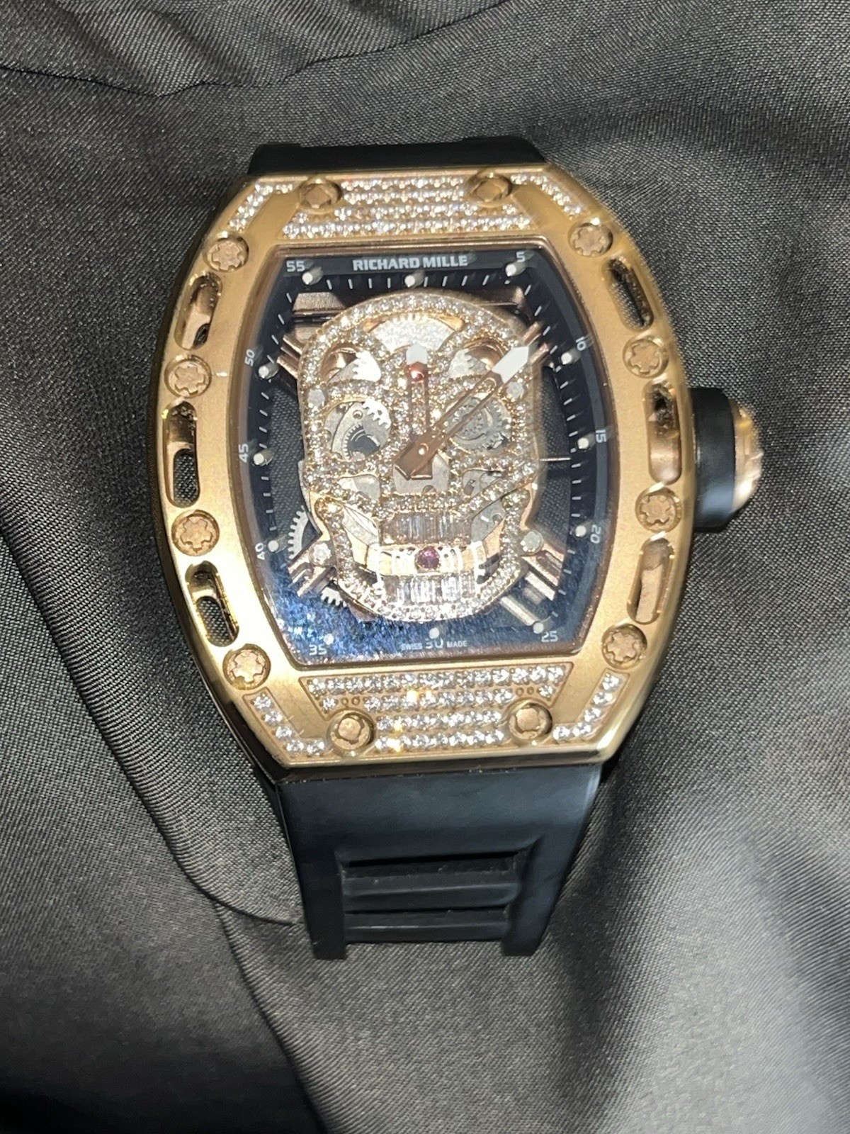 Richard Mille RM 052 Skull Skeleton Manual Mechanical Rose Gold 50m Black Strap