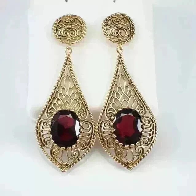 Red Garnet 3Ct Oval Cut Lab Created Drop Dangle Earrings 14K Yellow Gold Plated