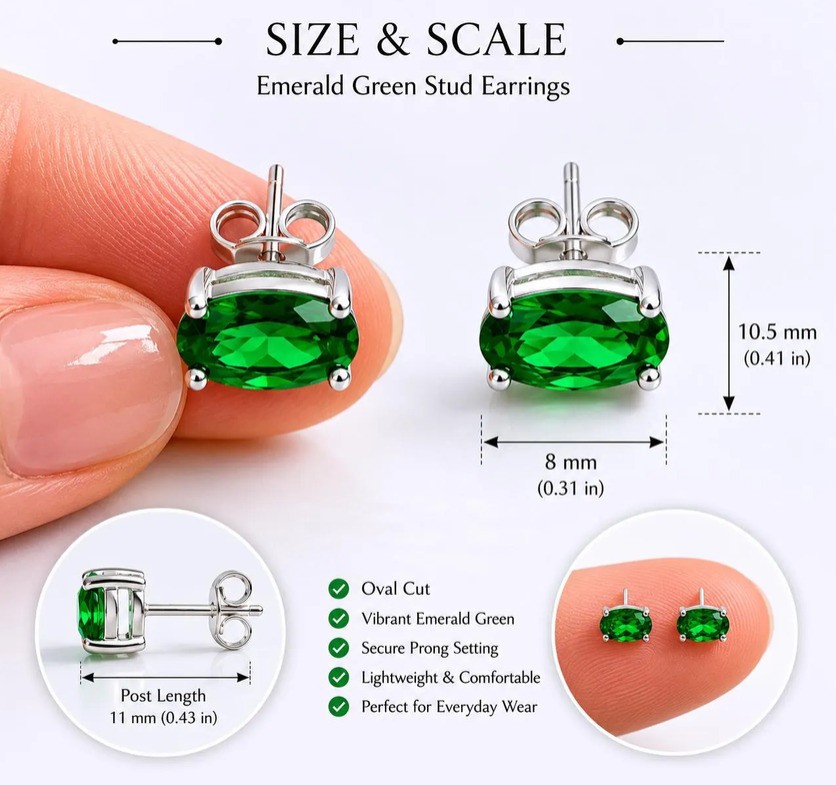 Green Oval Cubic Zirconia Stud Earrings 925 Sterling Silver Gift for Her