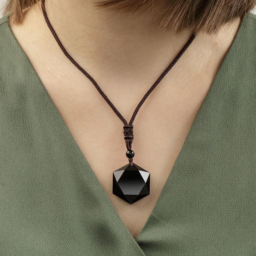 Black Obsidian Hexagonal Amulet Healing Protection Reiki Point Pendant Necklace
