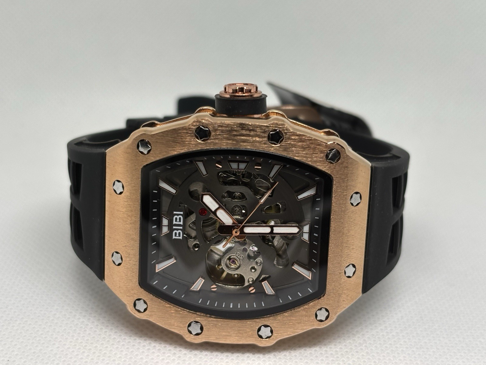 BIBI Automatic Skeleton Rose Gold Black Rubber Strap Men’s Watch Box & Papers