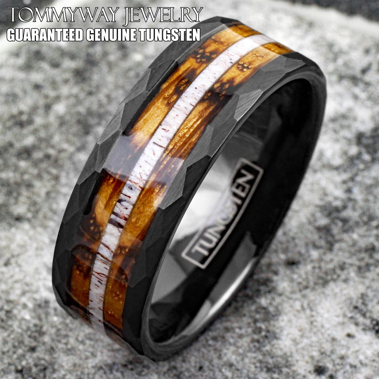 Black Tungsten Carbide Mens Ring Deer Antler Charred Whiskey Barrel Wedding Band