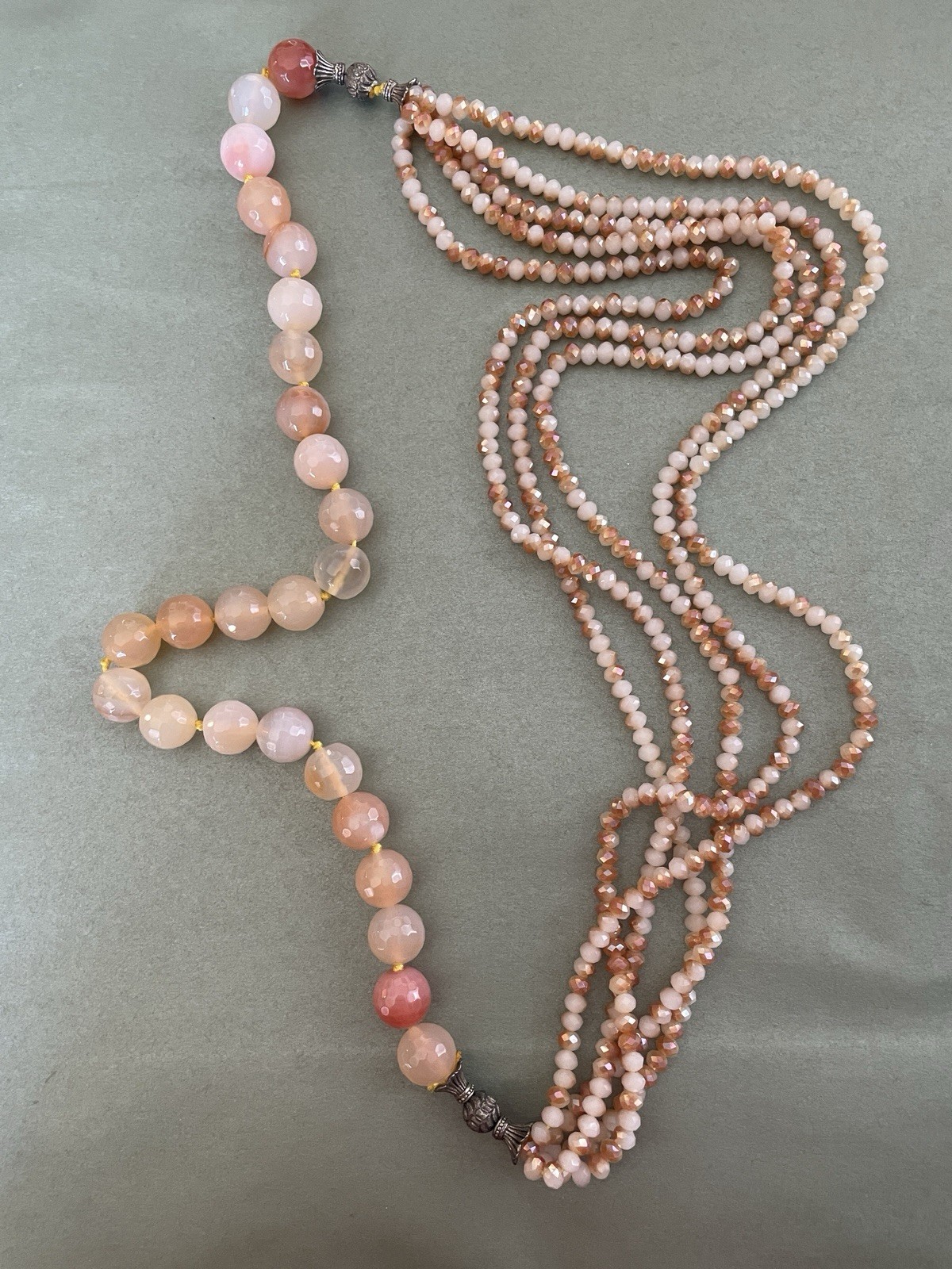 Pink Multi-Strand Agate Statement Necklace, Glass & Stone Round Beads 18 in