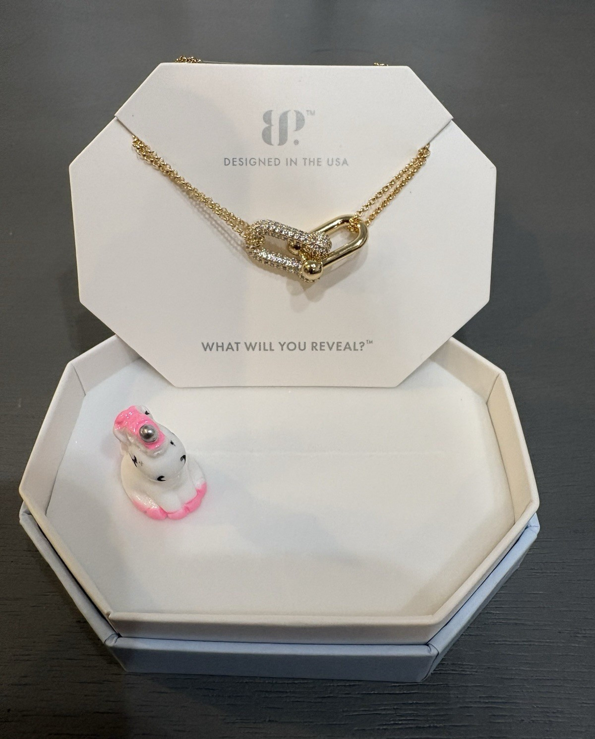 BP Gold Plated White CZ Pavé Asymmetrical Unicorn Charm Necklace 18″ NK98679