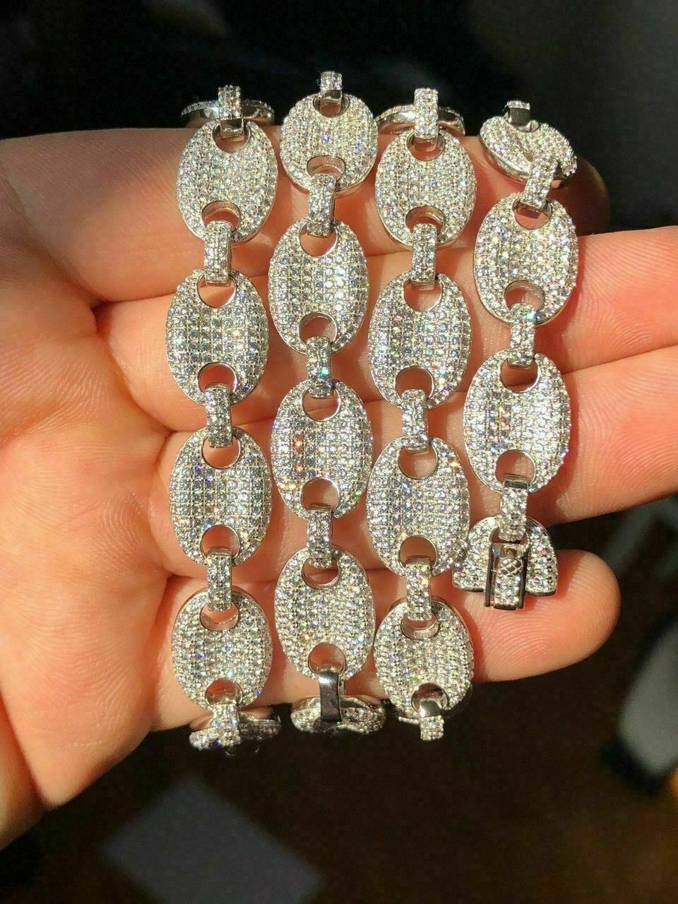 Solid 925 Silver Mens Puffed Mariner Link Chain CZ Hip Hop Iced