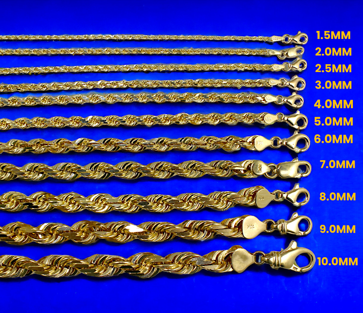 10K Yellow Gold SOLID Rope Necklace Bracelet Chain Diamond Cut 1mm-10mm 7″-30″