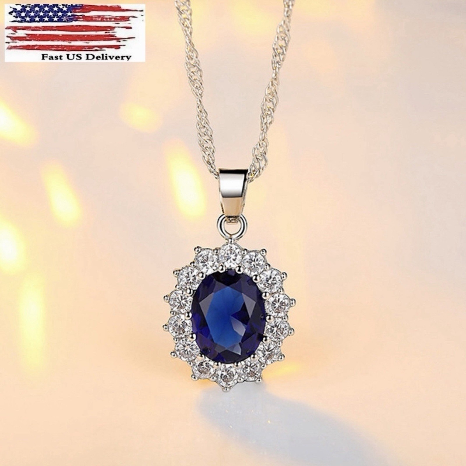 Fashion Women 925 Sterling Silver Necklace Crystal Simulated Sapphire Style A75