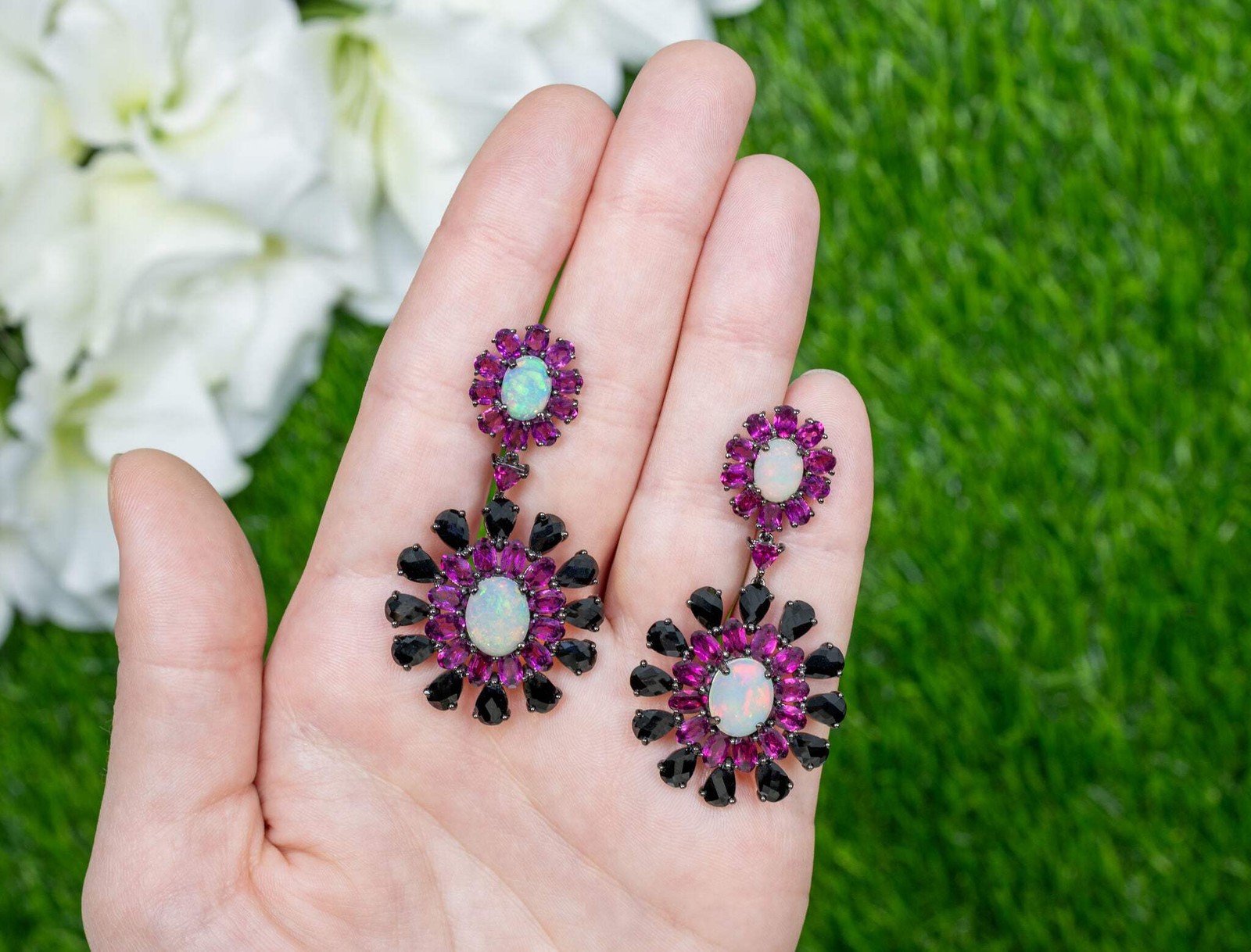 Natural Ethiopian Opal Rhodolite Dangle Earrings 29ct Sterling Silver