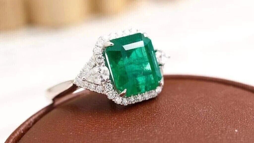 6.80 Ct Natural Emerald Shape Diamond Ring 14K Solid White Gold