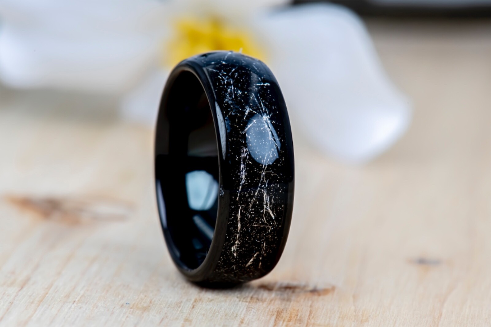 Black Domed Tungsten Ring Imitation Meteorite Inlay Mens Black Wedding Band
