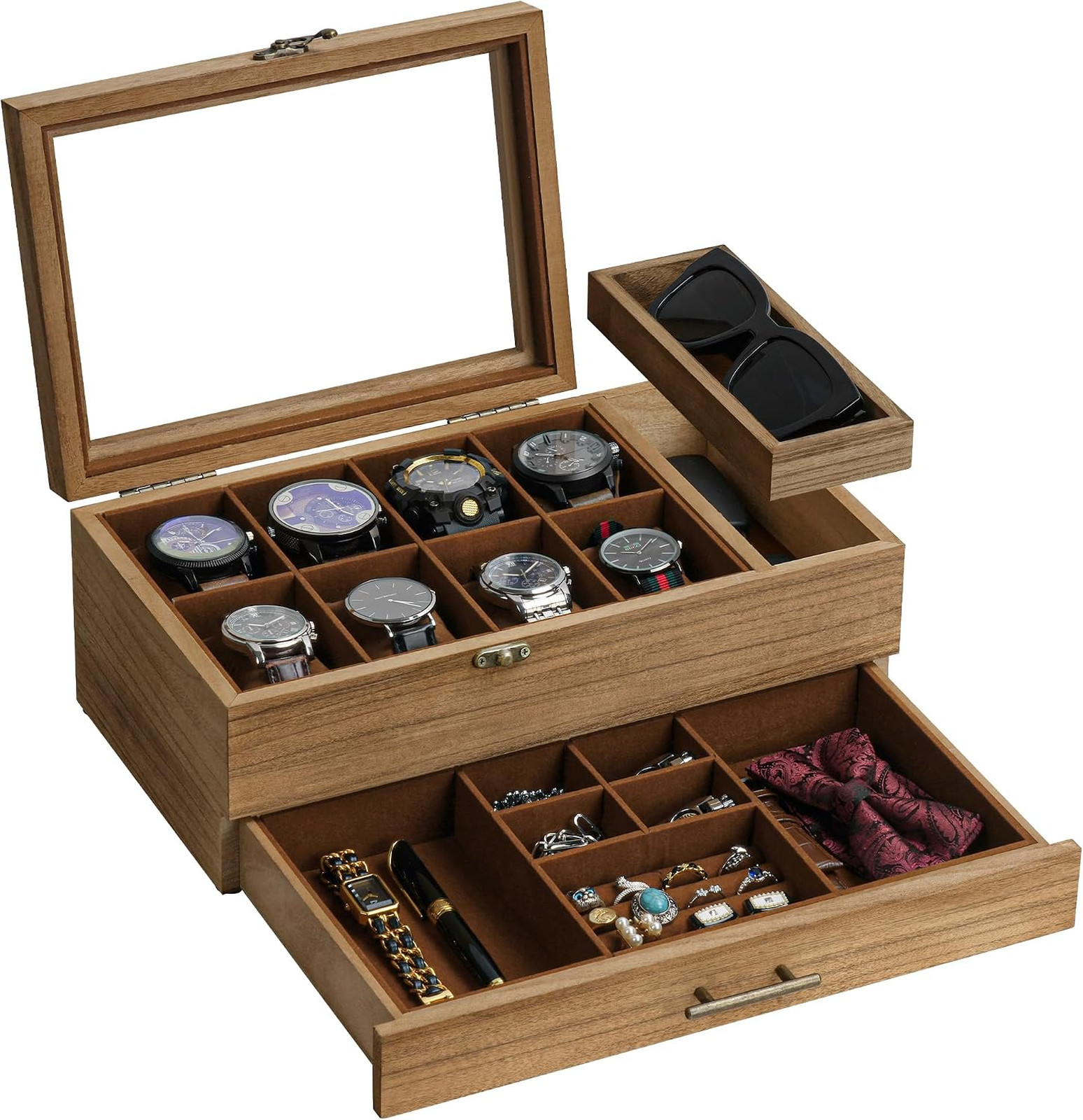 Watch Organizer with Wood Frame, 2-Tier Watch Case for Large Dial Watches, 8